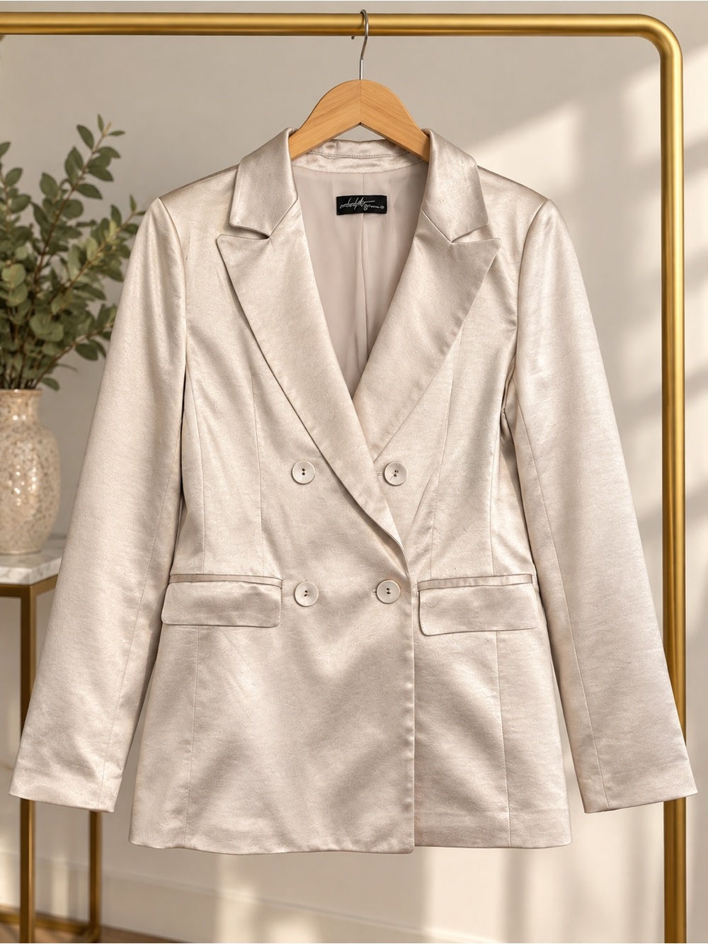 Double-Breasted Cream Satin Blazer Jacket